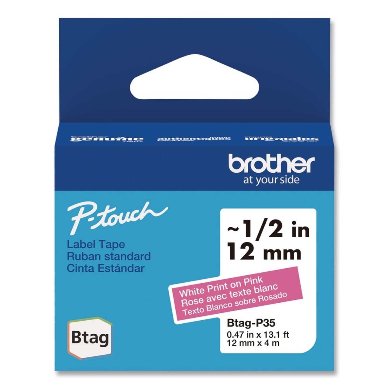 Brother P-Touch 0.47 in. x 13.1 ft. Genuine P-Touch BTAG Label Tapes - White on Pink